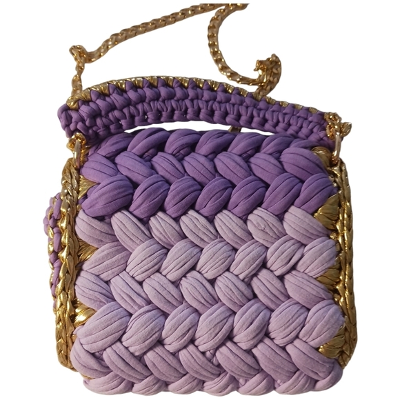 Womens Handbag Woven Metallic Gold Purple Crossbody Chain Chunky Fun - Picture 2 of 12